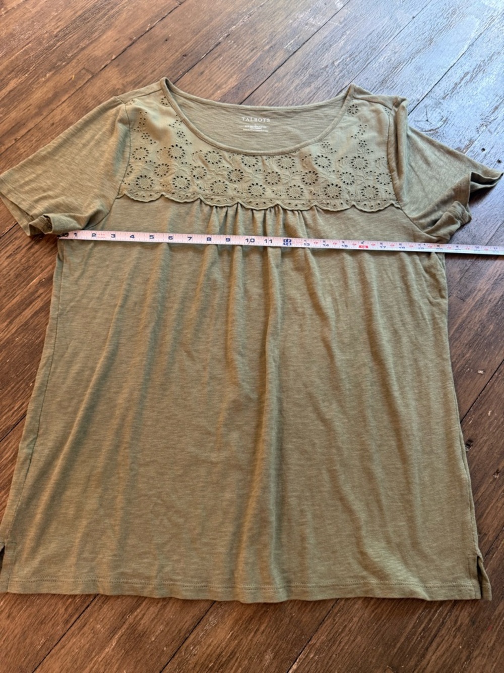 Talbots Large Olive Green Floral Eyelet Embroidered Short Sleeve Cotton Top - Picture 10 of 11